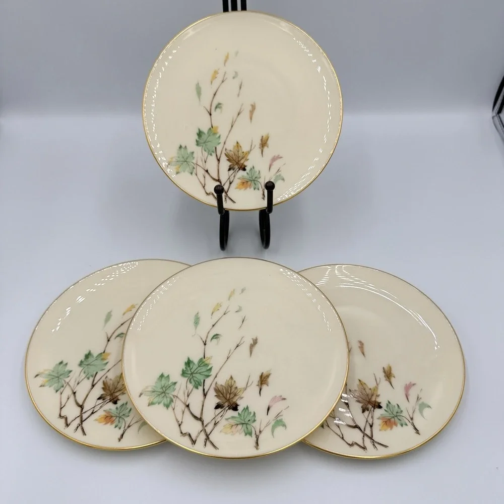 VTG Lenox Westwind X-407 Bread Butter Plates Set 4 Gold Trim Autumn Leaves 6.25
